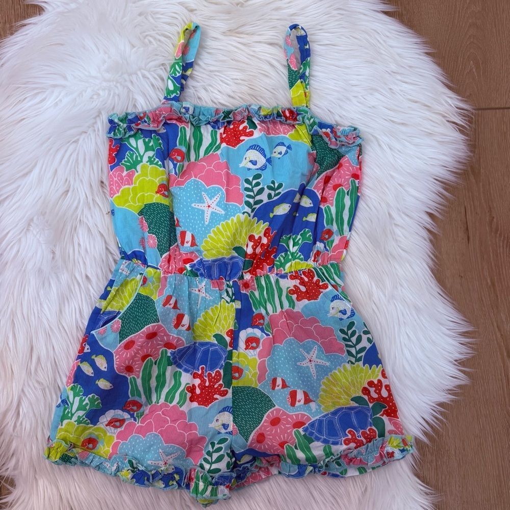 Mini Boden Floral & Ocean Print Romper in Blue, Green, Yellow, Pink‎ - Size 6-7